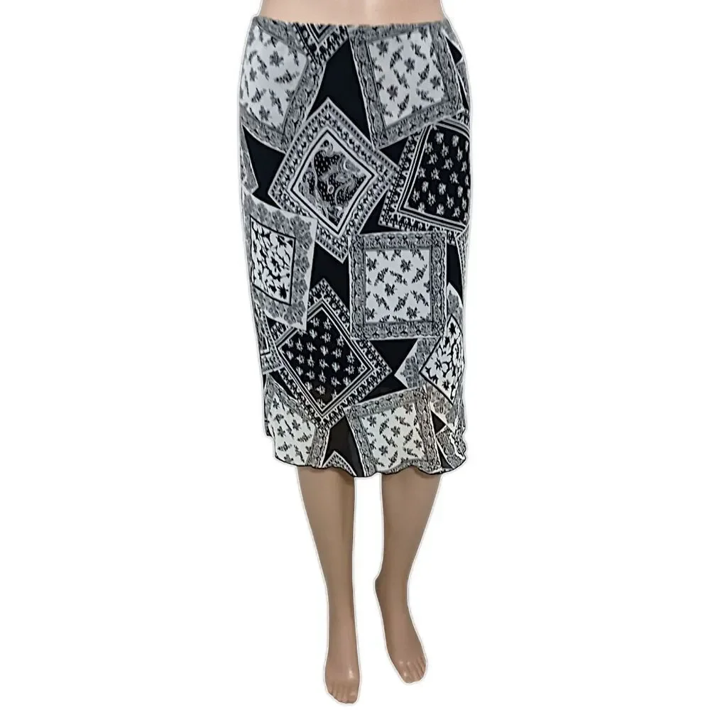 Y2K Patchwork Print Midi Skirt Sz S Sheer Overlay Lettuce Hem‎ Bohemian Grunge